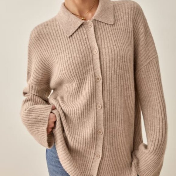 NWOT Reformation Fantino Cashmere Collared Cardigan in Oatmeal - Picture 5 of 8